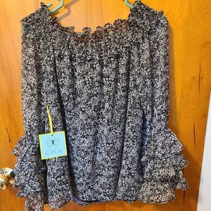 NWT Cece Women's Off the Shoulder Black & White Floral Blouse w/ Ruffle Sleeves